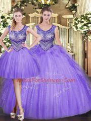 Inexpensive Lavender Lace Up 15 Quinceanera Dress Beading and Ruffles Sleeveless Floor Length