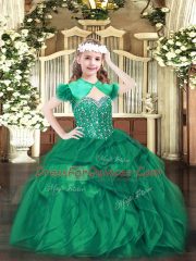 Cute Dark Green Organza Lace Up Straps Sleeveless Floor Length Pageant Dress Wholesale Beading and Ruffles