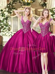 Fuchsia Three Pieces V-neck Sleeveless Tulle Floor Length Lace Up Beading Sweet 16 Quinceanera Dress