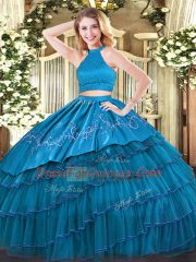 Luxurious Halter Top Sleeveless Organza Quinceanera Gowns Beading and Embroidery and Ruffled Layers Backless