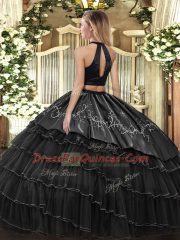 Luxurious Halter Top Sleeveless Organza Quinceanera Gowns Beading and Embroidery and Ruffled Layers Backless