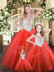 Edgy Red Lace Up Quince Ball Gowns Beading Sleeveless Floor Length