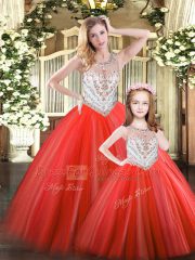 Edgy Red Lace Up Quince Ball Gowns Beading Sleeveless Floor Length