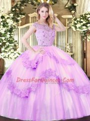 Romantic Lilac Tulle Zipper Quince Ball Gowns Sleeveless Floor Length Beading and Appliques