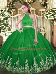 Tulle Halter Top Sleeveless Backless Beading and Appliques Ball Gown Prom Dress in Green