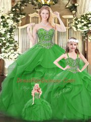 Glittering Floor Length Lace Up 15 Quinceanera Dress Green for Military Ball and Sweet 16 and Quinceanera with Beading and Ruffles