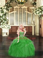Glittering Floor Length Lace Up 15 Quinceanera Dress Green for Military Ball and Sweet 16 and Quinceanera with Beading and Ruffles