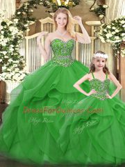 Glittering Floor Length Lace Up 15 Quinceanera Dress Green for Military Ball and Sweet 16 and Quinceanera with Beading and Ruffles