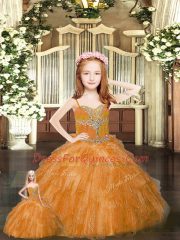 Rust Red Lace Up Sweet 16 Quinceanera Dress Beading and Ruffles Sleeveless Floor Length