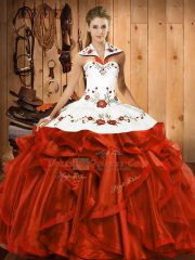 Customized Rust Red Lace Up Sweet 16 Quinceanera Dress Embroidery and Ruffles Sleeveless Floor Length