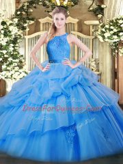 Custom Design Sleeveless Organza Floor Length Zipper 15 Quinceanera Dress in Baby Blue with Lace and Ruffled Layers