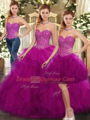 Hot Sale Fuchsia Sleeveless Beading and Ruffles Floor Length Sweet 16 Dress