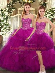 Hot Sale Fuchsia Sleeveless Beading and Ruffles Floor Length Sweet 16 Dress