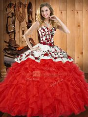Floor Length Wine Red Vestidos de Quinceanera Satin and Organza Sleeveless Embroidery and Ruffles