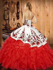 Floor Length Wine Red Vestidos de Quinceanera Satin and Organza Sleeveless Embroidery and Ruffles