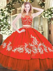 Red Sleeveless Floor Length Beading and Appliques Zipper Quinceanera Gown