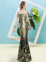 High Class Floor Length Lavender Dress for Prom Off The Shoulder Short Sleeves Zipper