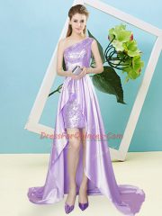 Empire Lavender One Shoulder Elastic Woven Satin and Sequined Sleeveless High Low Lace Up