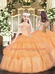 Sleeveless Lace Up Floor Length Beading and Ruffled Layers Girls Pageant Dresses