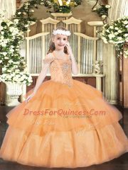 Sleeveless Lace Up Floor Length Beading and Ruffled Layers Girls Pageant Dresses