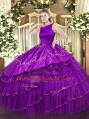 Floor Length Clasp Handle Vestidos de Quinceanera Purple for Military Ball and Sweet 16 and Quinceanera with Embroidery and Ruffled Layers