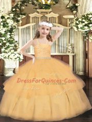 Customized Orange Ball Gowns Organza Straps Sleeveless Beading and Lace and Ruffled Layers Floor Length Zipper Pageant Dress Wholesale