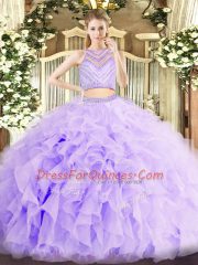 Sleeveless Floor Length Beading and Ruffles Zipper Sweet 16 Dresses with Lavender
