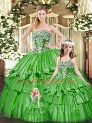 Noble Sleeveless Organza Floor Length Lace Up Sweet 16 Dress in Green with Beading and Ruffled Layers