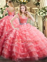 Watermelon Red Zipper V-neck Ruffled Layers Quince Ball Gowns Organza Sleeveless