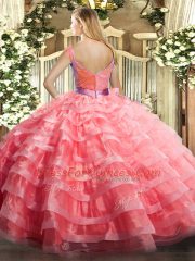 Watermelon Red Zipper V-neck Ruffled Layers Quince Ball Gowns Organza Sleeveless