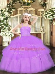 Stunning Lavender Kids Pageant Dress Party and Quinceanera with Beading and Lace Straps Sleeveless Zipper