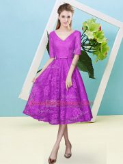 Traditional V-neck Half Sleeves Lace Dama Dress for Quinceanera Bowknot Lace Up