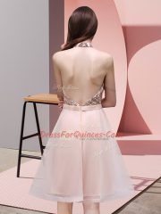 Attractive Chiffon Halter Top Sleeveless Backless Sequins Dama Dress in Baby Pink