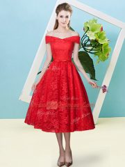 Shining Red Lace Up Quinceanera Dama Dress Bowknot Cap Sleeves Tea Length