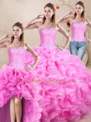 Beautiful Rose Pink Quinceanera Gown Sweet 16 and Quinceanera with Beading and Ruffles Sweetheart Sleeveless Lace Up