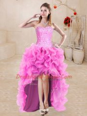 Beautiful Rose Pink Quinceanera Gown Sweet 16 and Quinceanera with Beading and Ruffles Sweetheart Sleeveless Lace Up