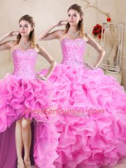 Beautiful Rose Pink Quinceanera Gown Sweet 16 and Quinceanera with Beading and Ruffles Sweetheart Sleeveless Lace Up