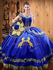 Floor Length Royal Blue Quinceanera Gown Satin and Organza Sleeveless Beading and Embroidery