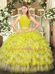 Graceful Yellow Green Sleeveless Floor Length Ruffled Layers Zipper Quinceanera Gown