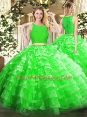 Fabulous Lace and Ruffled Layers Vestidos de Quinceanera Green Zipper Sleeveless Floor Length