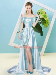 Chic Light Blue Off The Shoulder Lace Up Sequins Prom Evening Gown Short Sleeves
