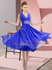 Unique Blue V-neck Side Zipper Beading Dama Dress Sleeveless