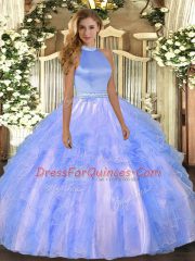 Halter Top Sleeveless Quinceanera Dresses Floor Length Beading and Ruffles Baby Blue Organza