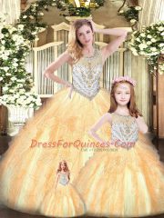 Orange Sleeveless Beading and Ruffles Floor Length Quince Ball Gowns