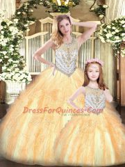 Orange Sleeveless Beading and Ruffles Floor Length Quince Ball Gowns