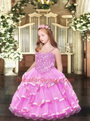 Rose Pink Organza Lace Up Little Girl Pageant Dress Sleeveless Floor Length Appliques and Ruffled Layers