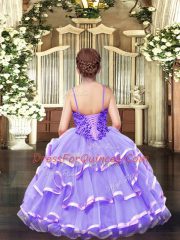 Rose Pink Organza Lace Up Little Girl Pageant Dress Sleeveless Floor Length Appliques and Ruffled Layers