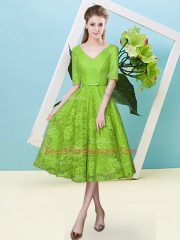 Beautiful V-neck Half Sleeves Vestidos de Damas Tea Length Bowknot Lace