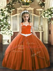 Dazzling Rust Red Little Girl Pageant Dress Tulle Sweep Train Sleeveless Appliques