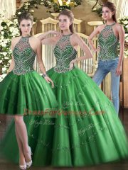 Green Lace Up High-neck Beading Quinceanera Gowns Tulle Sleeveless